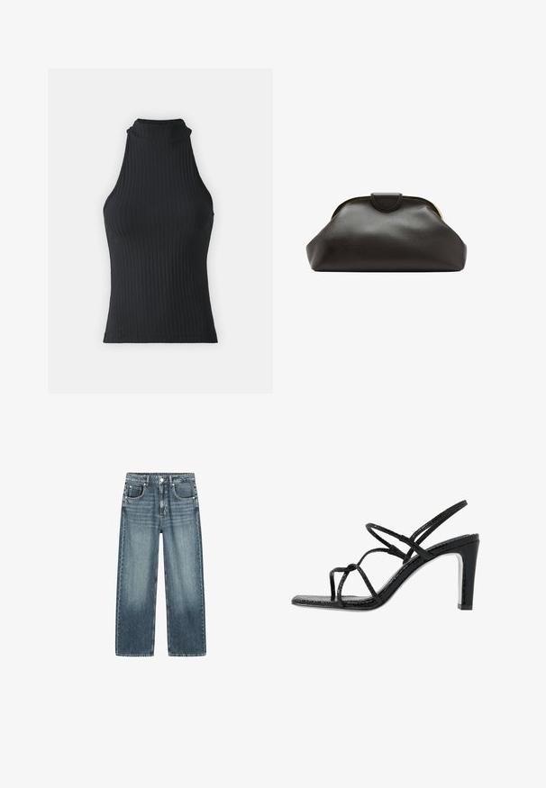 Zwart geribbeld hoog-nekkleed zonder mouwen met een getailleerde pasvorm en rekbaar materiaal, met een subtiele textuur en afgewerkte randen.; Blauwe rechte jeans met een middelhoge taille, vijf zakken en vervaagde details aan de voorkant, getoond op een witte achtergrond.; Zwarte hoge sandalen met dunne banden, een gestructureerde afwerking, open teen en een slank, puntig hakontwerp. Beschikt over een gladde inlegzool en een glanzend oppervlak.; Zachte zwarte leren clutch met een afgerond frame en een kleine lipsluiting bovenin het midden.