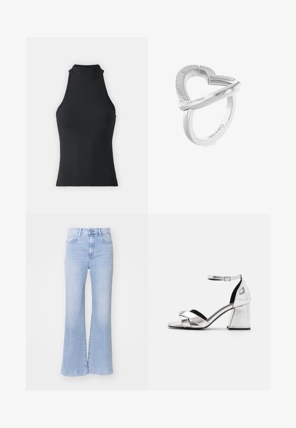 Zwart geribbeld hoog-nekkleed zonder mouwen met een getailleerde pasvorm en rekbaar materiaal, met een subtiele textuur en afgewerkte randen.; Lichtblauwe uitlopende jeans met een hoge taille, denim structuur, voorzakken en een knoopsluiting. Schone afwerking aan de zoom.; Zilverkleurige metallic hoge hakken sandalen met een kruisriem ontwerp, enkelriem en blokhak. Gladde oppervlakte met zwarte binnenvoering.; Zilveren ring met een golvende, textuurgegeven band en gladde, gepolijste accenten, gegraveerd met "Calvin Klein." Modern, minimalistisch ontwerp.