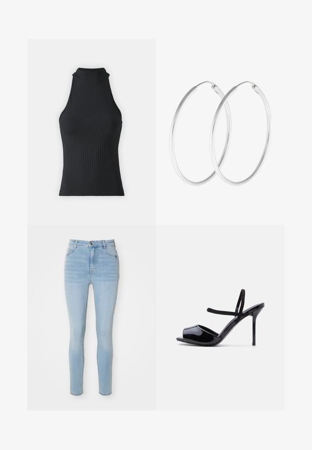 Zwart geribbeld hoog-nekkleed zonder mouwen met een getailleerde pasvorm en rekbaar materiaal, met een subtiele textuur en afgewerkte randen.; Lichtblauwe high-waisted skinny jeans van denim, met een voor sluiting met knoop, vijf zakken en een aansluitend ontwerp.; Zwarte patent open teen sandaal met hoge hak en dunne enkelbandjes en vamp banden op een effen lichte achtergrond.; Zilverkleurige oorringen met een gladde, ronde vorm en een gepolijste afwerking. Beide oorbellen zijn van dezelfde grootte en hebben een veilige sluitmechanisme.