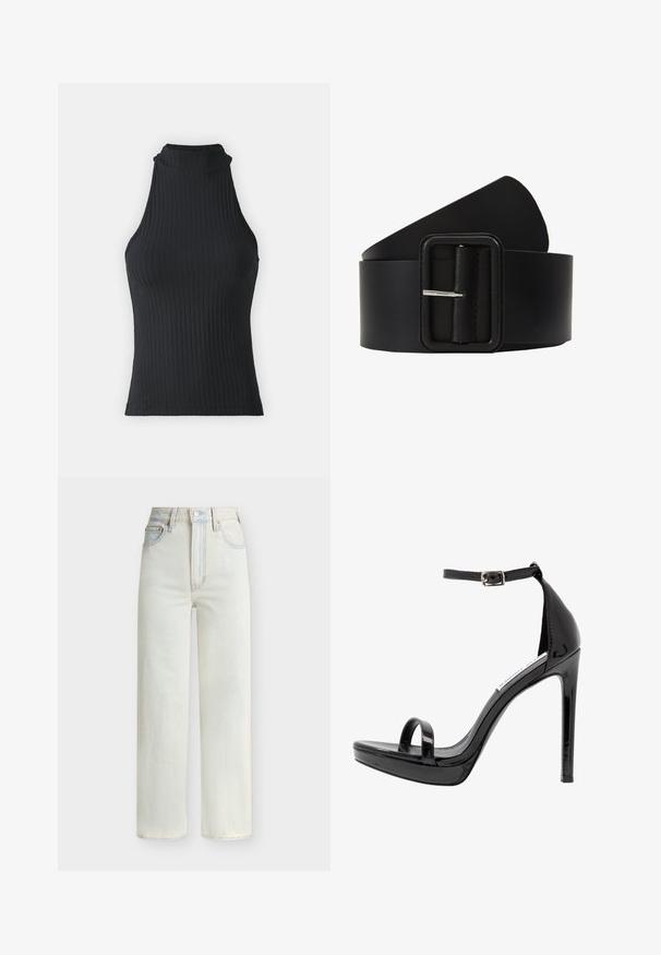 Haut sans manches noir à col montant, avec une coupe ajustée et un tissu extensible, présentant une texture subtile et des bords ourlés.; Jean en denim bleu clair à taille haute avec jambe droite, boutons à l'avant, fermeture éclair et cinq poches.; Steve Madden MILANO - Sandales à talons hauts - black; Ceinture en cuir noir avec une boucle en argent rectangulaire, texture lisse et extrémité conique. Le design est simple et fonctionnel.