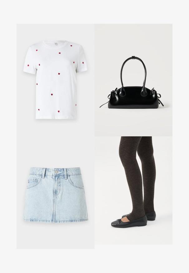 T-shirt en coton blanc avec des cœurs rouges brodés éparpillés. Encolure classique ronde et manches courtes. Design simple et moderne.; Mini-jupe en denim bleu clair avec boutons sur le devant, passants de ceinture et poches avant, présentée sur un fond blanc.; Jambes portant des leggings côtelés foncés associés à des ballerines noires avec de petits détails en nœud sur fond blanc.; Petit sac à main noir brillant avec deux longues anses et des détails à cordon sur les côtés sur un fond clair uni.