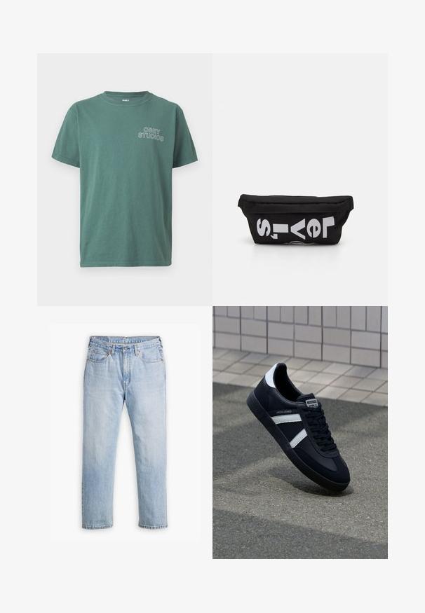 Groene katoenen t-shirt met ronde hals, korte mouwen en een wit "OBEY STUDIOS" logo op de linkerkant van de borst. Zachte textuur, casual ontwerp.; Lichtblauwe denim jeans met een recht model, vijf zakken en contrasterende stiksels. Knopen- en ritssluiting bij de taille.; Zwarte leren sneaker met witte strepen, een gestructureerde rubberen zool en vetersluiting aan de voorkant. Voorzien van een merklabel op de tong.; Zwarte stoffen tas met een platte vorm, voorzien van vet witte tekst. De ritssluiting bevindt zich aan de bovenkant, met een lus-detail aan één kant.