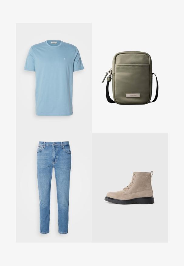 Lyseblå bomulds t-shirt med rund hals, korte ærmer og et lille hvidt logo på brystet. Glat tekstur, enkelt design.; Lys blå denim jeans med lige snit, fem-lomme design og subtilt slid. Har knaplukning og bæltestropper.; Beige ruskindsankelstøvler med sort gummisål, snørelukning og et lille logo præget på siden, med en løftestrop bagpå.; Kompakt korsbodytaske i olivengrøn med forlomme, sort justerbar rem, lynlåslukning og Calvin Klein logo-plakette.