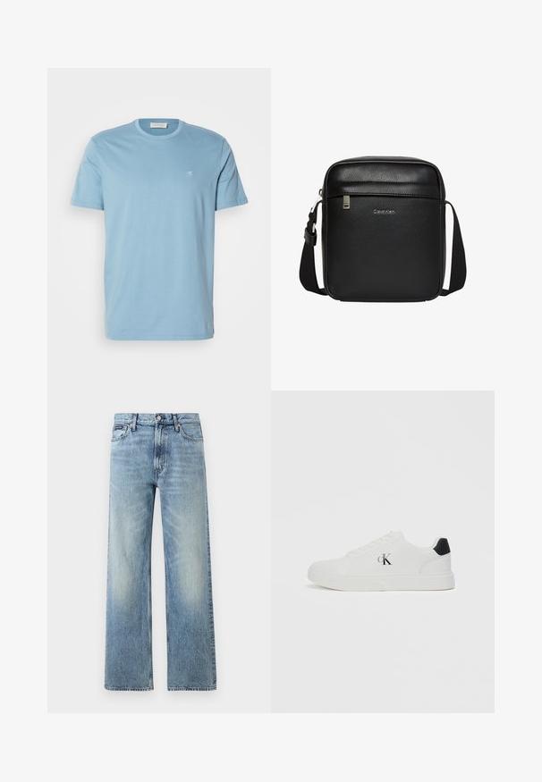 Camiseta de algodón azul claro con cuello redondo, mangas cortas y un pequeño logotipo blanco en el pecho. Textura suave, diseño sencillo.; Vaqueros de mezclilla azul claro de corte recto con cintura alta, cinco bolsillos, cierre de botón y sutil desgaste en los muslos y las rodillas.; Zapatilla blanca con parte superior de cuero suave, punta redonda, acento negro en el talón y logotipo "CK" en el lateral. Presenta un diseño de cordones y suela plana.; Bolso bandolera negro de Calvin Klein con correa ajustable, bolsillo frontal con cremallera y logotipo sutil en superficie de piel texturizada.