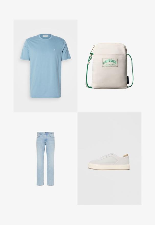 Hellblaues Baumwoll-T-Shirt mit Rundhalsausschnitt, kurzen Ärmeln und kleinem weißen Logo auf der Brust. Glatte Textur, schlichtes Design.; Hellblaue Straight-Leg-Jeans aus Denim mit vorderem Knopf, Reißverschluss und Fünf-Taschen-Design, gezeigt auf weißem Hintergrund.; Hellgraue Sneaker mit einer glatten Synthetik-Oberfläche, runder Spitze und einer strukturierten cremefarbenen Zwischensohle. Helle tanfarbene Akzente an der Ferse.; Kleine beige Umhängetasche mit grünem, verstellbarem Kordelriemen, einer vorderen Reißverschlusstasche und einem Calvin Klein New York City Logo-Patch.