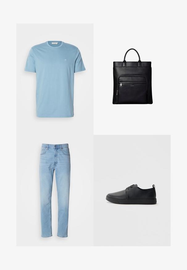 Lichtblauwe katoenen T-shirt met een ronde hals, korte mouwen en een klein wit logo op de borst. Zachte textuur, eenvoudig ontwerp.; Lichtblauwe denim jeans met een rechte pasvorm, vijf zakken en riemlussen. De stof heeft een gladde textuur met een lichte vervaging.; Zwarte leren sneaker met een gladde afwerking, ronde neus, tonale stiknaden, vetersluiting aan de voorkant en een vlakke rubberen zool. Lussje aan de hak.; Zwarte leren tote bag met bovenhandvatten en een voorvak met ritssluiting met een klein Calvin Klein-logo op het vak.