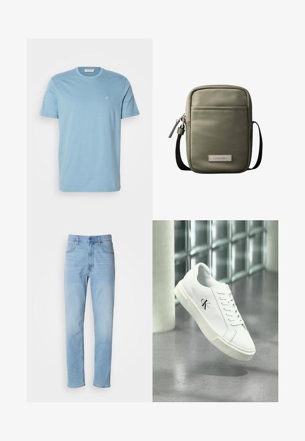 Hellblaues Baumwoll-T-Shirt mit Rundhalsausschnitt, kurzen Ärmeln und kleinem weißen Logo auf der Brust. Glatte Textur, schlichtes Design.; Hellblaue Jeans mit geradem Schnitt, fünf Taschen und Gürtelschlaufen. Der Stoff hat eine glatte Textur mit einem leichten Verblassungseffekt.; Weißer Calvin Klein Sneaker mit Schnürsenkeln, schwebend über einem polierten Betonboden und einer Glasbausteinwand im Hintergrund dargestellt.; Kompakte olivgrüne Umhängetasche mit Vordertasche, schwarzem verstellbarem Riemen, Reißverschluss und Calvin Klein Logo-Plakette.