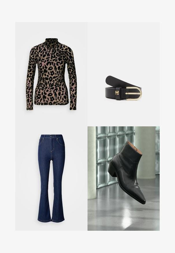 Haut à manches longues en imprimé léopard noir et beige, fabriqué à partir d'un tissu doux et texturé. Présente un col montant et une silhouette ajustée.; Jean flare bleu foncé en denim avec une taille haute, présentant des poches avant, des coutures contrastées et une fermeture à bouton.; Bottine en cuir noir avec un bout pointu et un talon carré lévitant au-dessus d'un sol gris réfléchissant près d'un mur en blocs de verre.; Ceinture en cuir noir avec une boucle en métal doré, dotée d'une texture lisse et d'une longueur ajustable. Comprend un petit détail en métal près de la boucle.