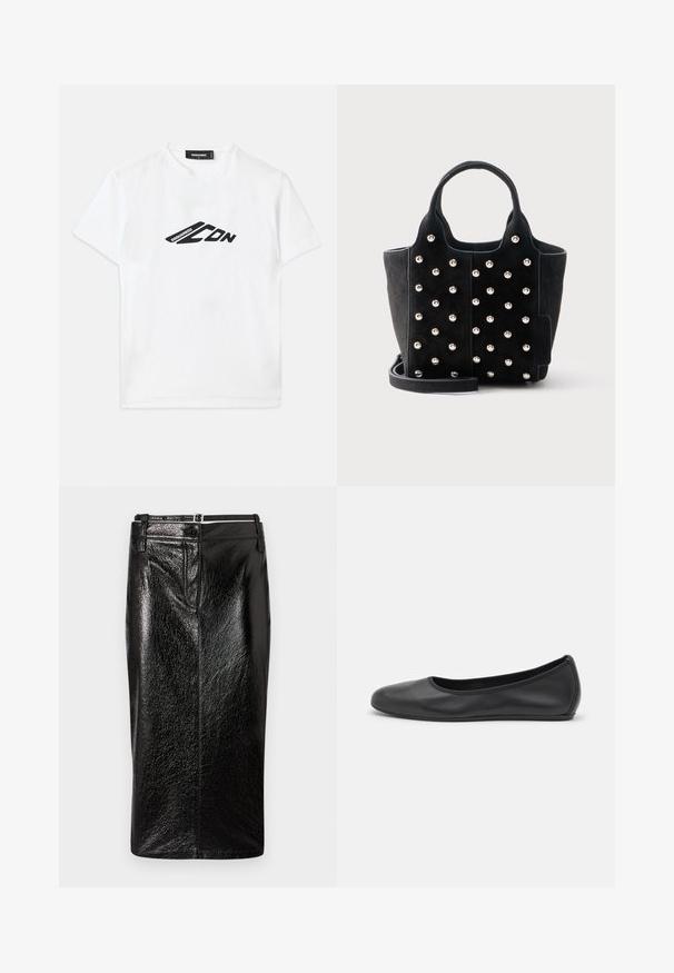T-shirt en coton blanc avec un imprimé logo noir à l'avant. Encolure ronde classique et manches courtes avec une coupe décontractée.; Jupe crayon noire en similicuir, finition brillante, longueur au genou avec une silhouette ajustée. Dotée d'une fermeture éclair et d'un bouton unique à la taille.; Ballerines en cuir noir avec un bout rond, texture lisse, détails de couture minimalistes et design de semelle flexible.; Sac à main en daim noir avec des clous ronds argentés, deux poignées courtes et une bandoulière amovible sur fond blanc.