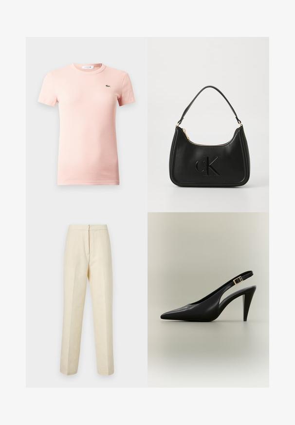 T-shirt à manches courtes côtelé rose clair avec un col rond et un petit logo crocodile vert Lacoste sur le côté gauche de la poitrine.; Pantalons ajustés en crème claire avec un motif floral texturé, présentant une jambe droite et une taille épurée avec une fermeture arrière.; Escarpin à bride arrière en cuir noir avec bout pointu, boucle dorée et talon effilé sur un fond neutre.; Sac à main en cuir noir avec une forme courbée, doté d'une fermeture éclair dorée et d'un logo "cK" discret en relief. Texture lisse et une seule poignée.