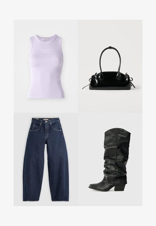Débardeur lilas à côtes avec une coupe ajustée, encolure ronde et impression du logo en blanc sur le devant. Texture douce et design sans manches.; Jean en denim bleu foncé, à coupe ample, avec des coutures claires, cinq poches et un bouton de fermeture à la taille.; Bottes noires en cuir, montantes jusqu'au genou, avec un design plissé, un bout pointu et un talon épais, présentant une texture lisse et des coutures minimales.; Petit sac à main noir brillant avec deux longues anses et des détails à cordon sur les côtés sur un fond clair uni.
