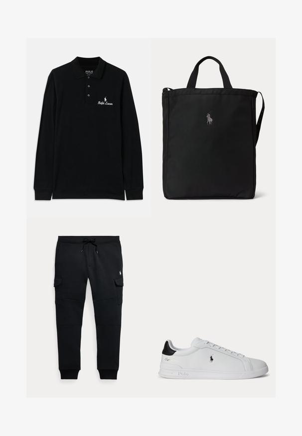 Čierna polo košeľa s dlhým rukávom vyrobená z bavlny, s rebrovaným golierom, trojiteľovým zapínaním na gombíky a bielou výšivkou loga "Ralph Lauren".; Čierne cargo jogger nohavice s šnúrkou v páse, bočné vrecká s chlopňou, rebrované manžety a malé biele logo hráča póla na pravej stehne.; Biela nízka teniska s čiernou pätovou pätkou, šnúrkami a logom Polo Ralph Lauren na boku, so zvýraznenými detailmi na podrážke.; Čierna obdĺžniková taška typu tote s krátkymi rukoväťami, dlhým popruhom na boku a malým vyšívaným logom hráča póla v strede prednej časti.