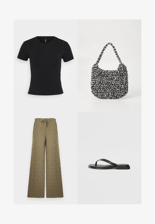 Zwarte kortek mouw t-shirt van ribbelstof, met verspreide rhinestone accenten over de voorkant voor extra detail.; Khakikleurige broek met wijde pijpen en oogjesmotief, elastische tailleband en trekkoord, afgebeeld tegen een effen lichte achtergrond.; Zwarte teenflip-flop van glad leer, met een dunne band en een platte zool met een minimalistisch profiel. Geen opvallende patronen of accenten.; Geweven handtas in zwart en wit met een ronde vorm, gestructureerd oppervlak en een gevlochten handvat. Geschikt voor dagelijks gebruik.