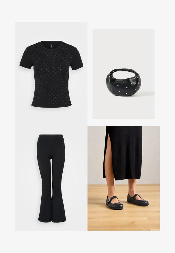 Zwarte kortek mouw t-shirt van ribbelstof, met verspreide rhinestone accenten over de voorkant voor extra detail.; Zwarte flared leggings van rekbaar materiaal. Beschikt over een hoge tailleband en een gladde textuur. Eindigt in een flared zoom.; Vrouw in een zwarte ribbel midi-rok met een zijsplit, draagt zwarte Mary Jane ballerina's op een houten vloer.; Zwarte leren handtas met een afgeronde vorm, versierd met zilveren studs, en een korte handgreep. Gladde textuur en ritsluiting.