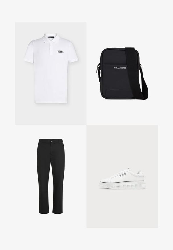 Polo blanc à manches courtes avec col et trois boutons, avec un logo noir "KARL LAGERFELD" sur la poitrine gauche.; Pantalons noirs en tissu lisse, avec une coupe droite, fermeture par bouton à l'avant et un détail de logo subtil sur la taille.; Baskets blanches Karl Lagerfeld avec logo texte noir et semelle épaisse transparente sur un fond clair uni.; Sac bandoulière rectangulaire noir avec sangle réglable, poche avant et logo "KARL LAGERFELD" en texte blanc.
