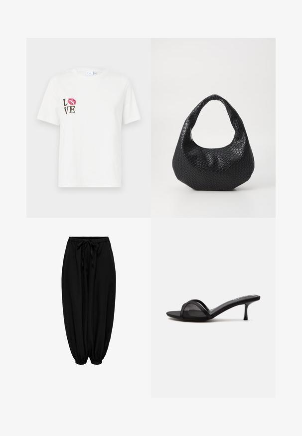 Hvid bomulds t-shirt med korte ærmer. Har "LOVE" tekst i sort og dyreprint samt et rødt læbeprint på venstre side.; Sorte løstsiddende bukser med elastisk talje og ankler, snøre ved taljen og rynkede manchetter.; Sort åben tå mule sandal med tyndt netstrop og lav lav hæl på en ensfarvet lys grå baggrund.; Sort flettet håndtaske med et buet håndtag, der har en struktureret overflade og en afslappet form. Glat finish med en organisk silhuet.