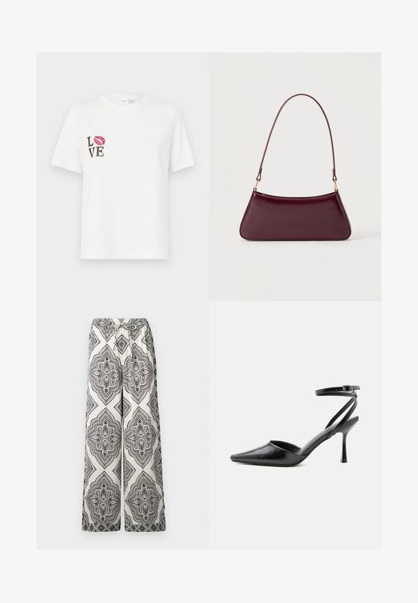 Hvid bomulds t-shirt med korte ærmer. Har "LOVE" tekst i sort og dyreprint samt et rødt læbeprint på venstre side.; Bredde ben bukser i крем med et sort prangende diamantmønster. Har en elastisk talje med bindebånd og en glat tekstur.; Sort spids højhælet sko med tynde ankelremme og sølvspænde på en ensfarvet lys baggrund.; Mørk burgunderglans håndtaske med et enkelt tyndt håndtag og en elegant, trapezformet form på en ensartet lys baggrund.