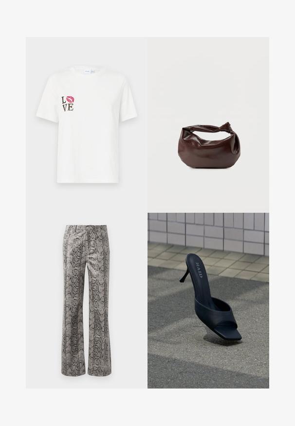 Hvid bomulds t-shirt med korte ærmer. Har "LOVE" tekst i sort og dyreprint samt et rødt læbeprint på venstre side.; Lige bukser med sort og grå slangeskinds mønster og frontknaplukning på en hvid baggrund.; Sort højhælet mule sko med åben tå og "RAID" mærkning på indersålen, placeret på gråt fortov nær flisebelagt væg.; Mørkebrun læder skuldertaske med en blød, afslappet form og et snoet knudehåndtag på en ensartet hvid baggrund.