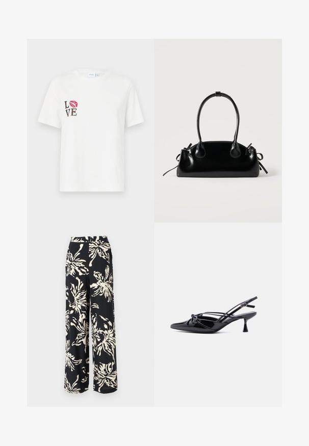 Hvid bomulds t-shirt med korte ærmer. Har "LOVE" tekst i sort og dyreprint samt et rødt læbeprint på venstre side.; Vide ben bukser i sort stof med et stort cremefarvet blomstermønster. Designet har en høj talje og en svævende silhuet.; Sort laklæder slingback-pumpe med spids tå, lav kittenhæl og dekorativ knyttet sløjfedetalje foran.; Lille sort blank håndtaske med to lange håndtag og snøre-detaljer i siden på en ensfarvet lys baggrund.