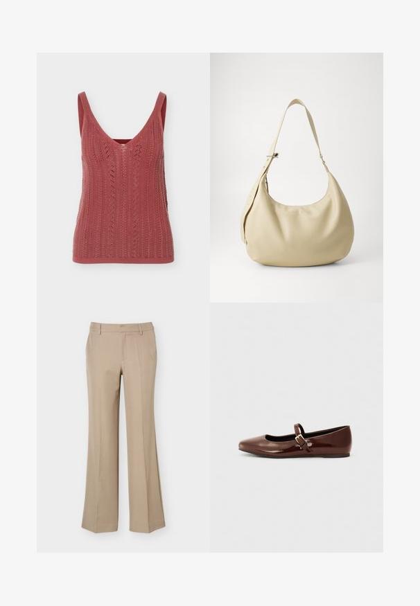 Débardeur tricoté sans manches en rose poudré avec un col en V et des détails ajourés verticaux à motif.; Pantalon beige pour femme avec passants de ceinture, pli devant et coupe droite à jambes larges sur fond blanc uni.; Ballerine en cuir verni marron avec un bout carré et une lanière ornée d'une petite boucle dorée. Texture lisse, talon bas et design minimaliste.; Sac à épaule en cuir beige avec une forme courbée, une bandoulière réglable et un détail de logo embossé, présentant une texture lisse et un design minimaliste.