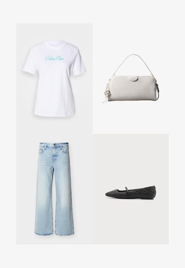 Witte katoenen T-shirt met korte mouwen en een ronde halslijn, met een lichtblauw "Calvin Klein" logo over de borst.; Lichtblauwe jeans met hoge taille en wijde pijpen, voorzien van voorzakken, riemlussen en een knoopsluiting.; Zwarte platte schoen met puntige neus, doorgestikte geometrische patronen en een dunne band over de wreef, op een effen achtergrond.; Witte rechthoekige Calvin Klein handtas met enkele handgreep, minimalistisch ontwerp en decoratieve kwastjes met geometrische metalen hanger aan de zijkant.