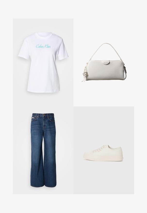 Weißes Baumwoll-T-Shirt mit kurzen Ärmeln und Rundhalsausschnitt, mit einem hellblauen "Calvin Klein"-Logo auf der Brust.; Weite Jeans aus dunkelblauem Denim. Merkmale sind eine hohe Taille, fünf Taschen und kontrastierender orangefarbener Stitching entlang der Nähte.; Sneaker aus off-weißem Canvas, mit einem Low-Top-Design, runder Zehenpartie und flacher Gummisohle mit dezenten Nähdetails.; Weiße rechteckige Calvin Klein Handtasche mit einem einzelnen Henkel, minimalistischem Design und dekorativen Quasten mit geometrischem Metallanhänger an der Seite.