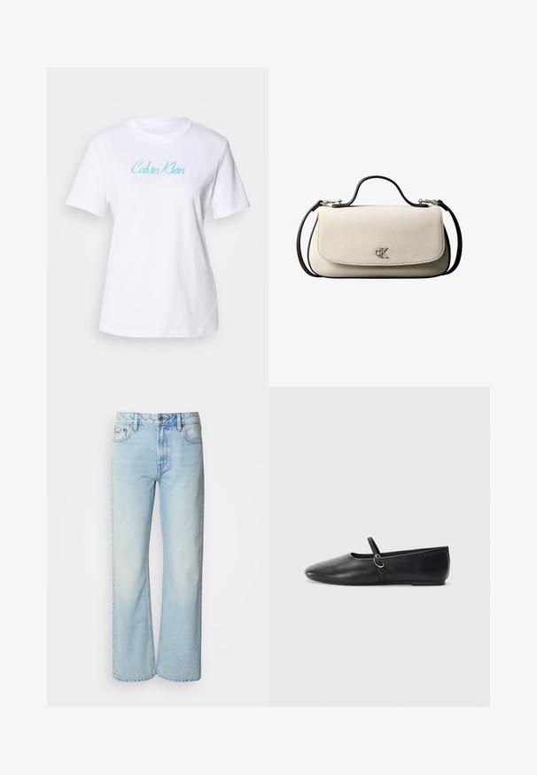 Witte katoenen T-shirt met korte mouwen en een ronde halslijn, met een lichtblauw "Calvin Klein" logo over de borst.; Lichtblauwe wijde jeans van denim, voorzien van een klassiek vijf-pocket ontwerp en een subtiele vervaagde textuur. Denimstiksels zijn zichtbaar.; Zwarte leren balletschoenen met een spitse neus, platte zool en een kleine strap met een zilveren gespsluiting.; Crèmekleurige rechthoekige handtas met zwarte riem en handvat, voorflapsluiting en een klein zilverkleurig "cK"-logo in het midden van de voorkant.