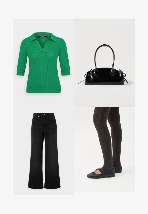 Pull en tricot vert avec une texture côtelée, col et manches trois-quarts. Design en V, tissu lisse et silhouette ajustée.; Jean noir taille haute à jambes larges avec poches avant et fermeture à bouton sur fond uni clair.; Jambes portant des leggings côtelés foncés associés à des ballerines noires avec de petits détails en nœud sur fond blanc.; Petit sac à main noir brillant avec deux longues anses et des détails à cordon sur les côtés sur un fond clair uni.