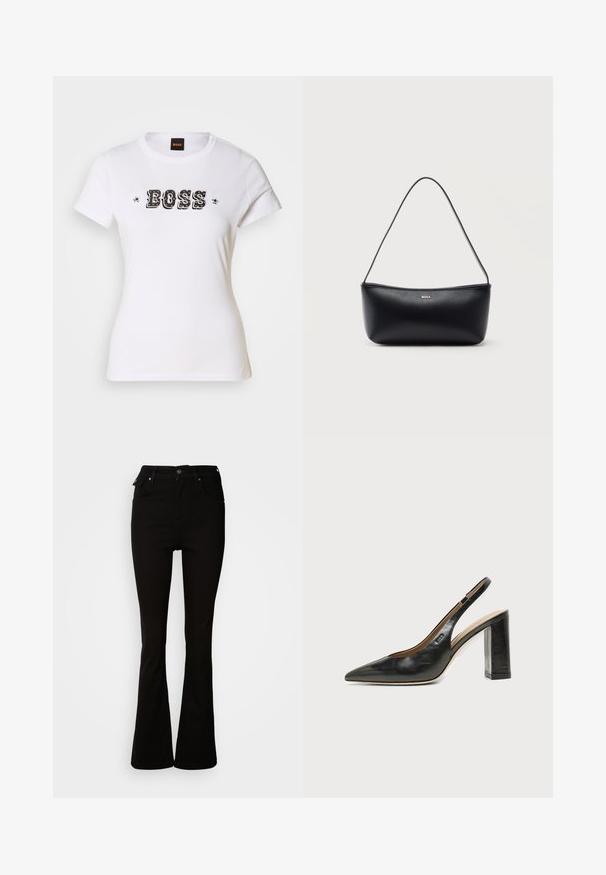 T-shirt en coton blanc avec col rond, arborant un logo "BOSS" en noir et des accents d'étoiles dans un design graphique audacieux. Manches courtes et coupe standard.; Jean noir évasé en denim, avec une taille haute, des poches avant, et un design classique à cinq poches avec des accents en métal.; Chaussure slingback en cuir noir à bout pointu avec un talon bloc haut et une doublure intérieure beige sur un fond clair uni.; Sac à bandoulière en cuir noir avec une fine lanière et un petit logo "BOSS" en lettres dorées au centre devant.