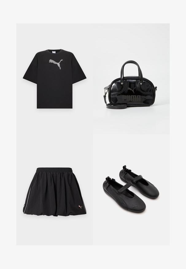 T-shirt noir oversize à manches courtes, avec un grand logo Puma blanc au centre devant.; Jupe courte sportive noire avec taille élastique, liseré blanc sur le côté et petit logo Puma sur le côté inférieur droit.; Paire de chaussures en cuir noir style Mary Jane avec arrière élastiqué et bride velcro, avec un logo Puma discret sur chaque orteil.; Sac à main en cuir verni noir avec des poignées supérieures doubles, une bandoulière amovible, une forme arrondie et un logo "PUMA" en relief bien visible.