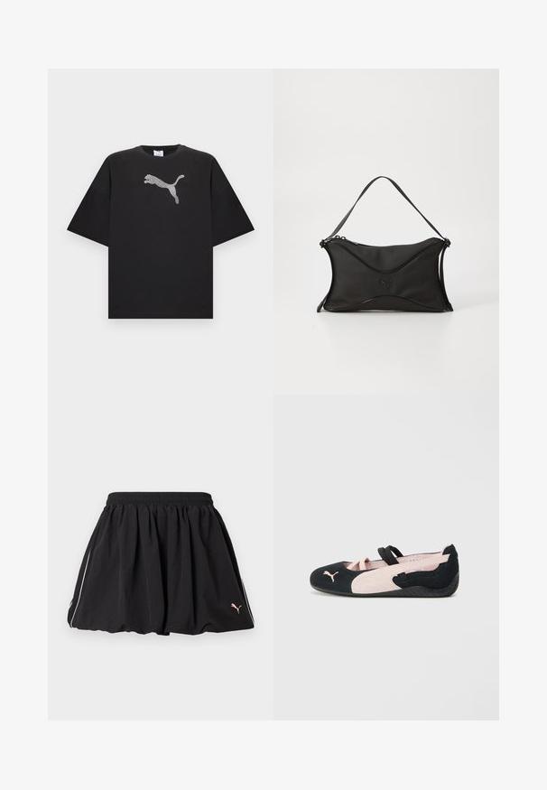 T-shirt noir oversize à manches courtes, avec un grand logo Puma blanc au centre devant.; Jupe courte sportive noire avec taille élastique, liseré blanc sur le côté et petit logo Puma sur le côté inférieur droit.; Ballerines en suède noir et rose clair avec des sangles élastiques, un bout arrondi et une semelle en caoutchouc texturée, arborant un petit logo à l'avant.; Sac à main noir en matériau doux et texturé. Présente un design ondulé, une bandoulière unique et un détail logo subtil à l'avant.