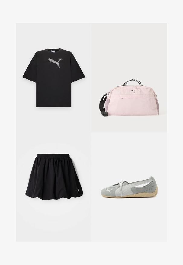 T-shirt noir oversize à manches courtes, avec un grand logo Puma blanc au centre devant.; Jupe de sport noire avec une taille élastique, ornée de panneaux blancs sur les côtés et d'un petit logo au bas. Fabriquée en tissu léger.; Chaussure plate en daim Puma gris clair avec logo blanc, lacets à l'avant, côtés découpés et semelle beige texturée, vue du côté extérieur.; Sac de sport Puma rose clair avec bandoulière réglable noire, poignée supérieure, poche avant zippée et poches latérales en mesh sur fond blanc.