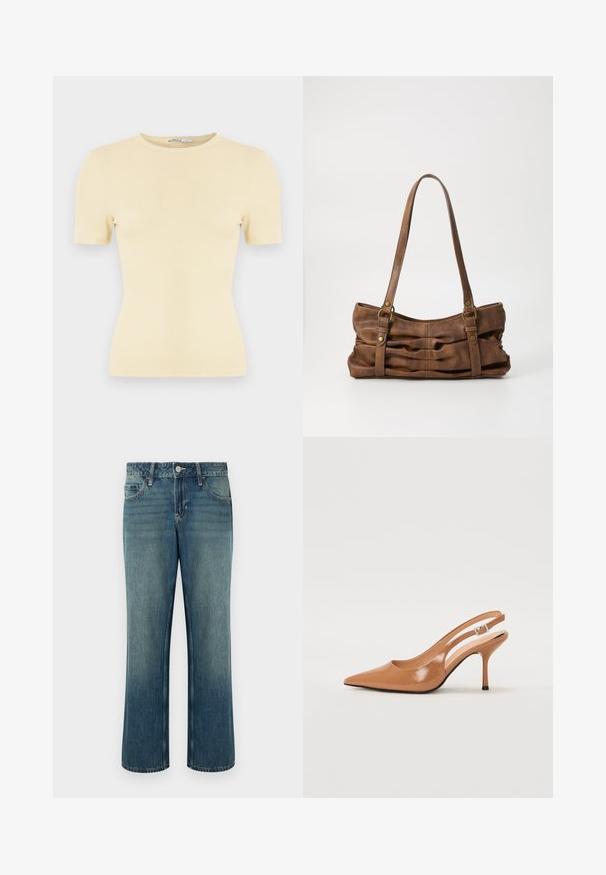 T-shirt jaune pâle côtelé à manches courtes avec un col rond et une coupe ajustée, présentant une texture douce et un design minimaliste.; Jean en denim bleu à coupe droite, taille mi-haute, cinq poches et légère décoloration. Fermeture par bouton et passants pour ceinture inclus.; Escarpin à talon slingback à bout pointu en matériau beige lisse et brillant. Présente un design de découpes courbées et un talon aiguille fin. Détail de boucle en argent.; Even&Odd by Zalando Sac à main - brown