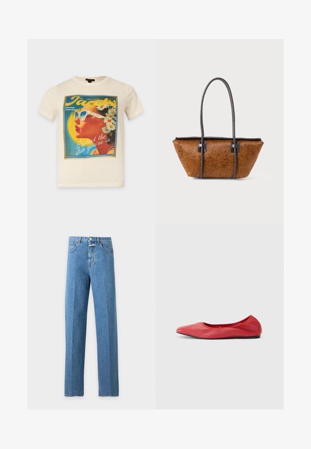 Kermanvärinen T-paita, jossa vintagetyylinen printti naisesta aurinkolaseissa, päivänkakkarat hiuksissa ja teksti “Protect the skin you’re in.”; Suoralahkeiset siniset korkeavyötäröiset denimfarkut, nappikiinnitys, vyölenkit, etutaskut ja näkyvät ompeleet, esillä yksinkertaisella taustalla.; Filippa K REY FLATS - Ballerinat - bright red; Ruskea tekstuurinen nahkalaukku, jossa on trapezoidin muoto ja pitkät punotut tummanruskeat kahvat valkoisella taustalla.