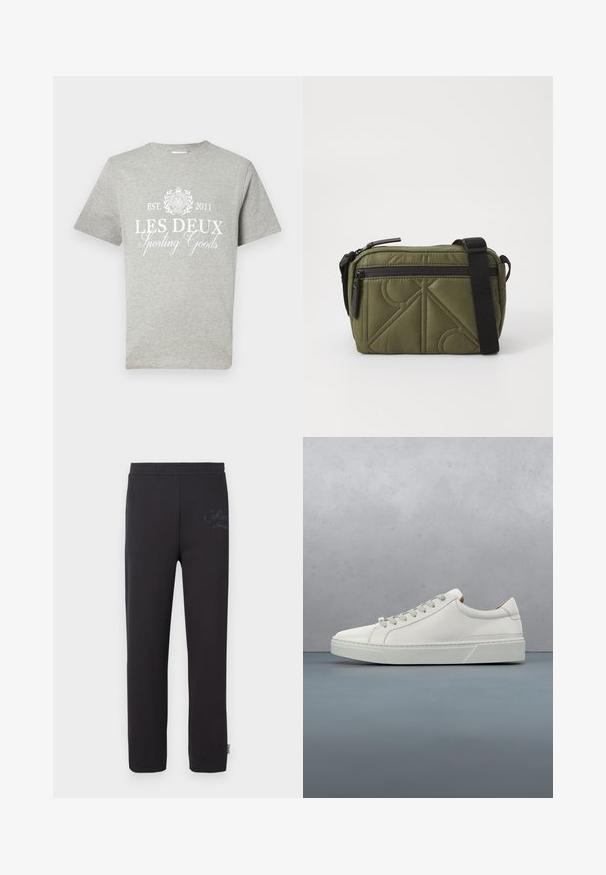 Grajene Kurzarm-T-Shirt aus Baumwolle mit weißem Drucktext "LES DEUX Sporting Goods" und einem darüber befindlichen runden Logo sowie dem Gründungsjahr.; Schwarze Jogginghosen mit einem elastischen Bund, die ein dezentes aufgedrucktes Logo am linken Oberschenkel und ein gerades Bein-Design aufweisen.; Weißes Leder-Sneaker mit abgerundetem Zehenbereich, minimalistisches Design, graue Schnürsenkel und einer strukturierten grauen Gummisohle. Dezente Nähte sichtbar.; Olivgrüner, gepolsterter Stoffbeutel mit einem schwarzen Tragegurt, ausgestattet mit einem oberen Reißverschluss und einer äußeren Reißverschlusstasche, die geometrische Musterakzente zeigt.