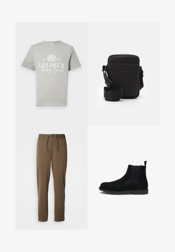 Grajene Kurzarm-T-Shirt aus Baumwolle mit weißem Drucktext "LES DEUX Sporting Goods" und einem darüber befindlichen runden Logo sowie dem Gründungsjahr.; Braune, taillierte Sweatpants mit elastischem Bund und Kordelzug. Weicher, glatter Stoff, mit seitlichen Taschen und einem schlichten Design.; Schwarzer Wildleder-Chelsea-Stiefel mit elastischen Seitenteilen, Zuglasche hinten und flacher, strukturierter Sohle.; Schwarze Leder-Crossbody-Tasche mit texturiertem Finish, rechteckiger Form, verstellbarem Tragegurt und geprägtem Logo auf der Vorderseite.
