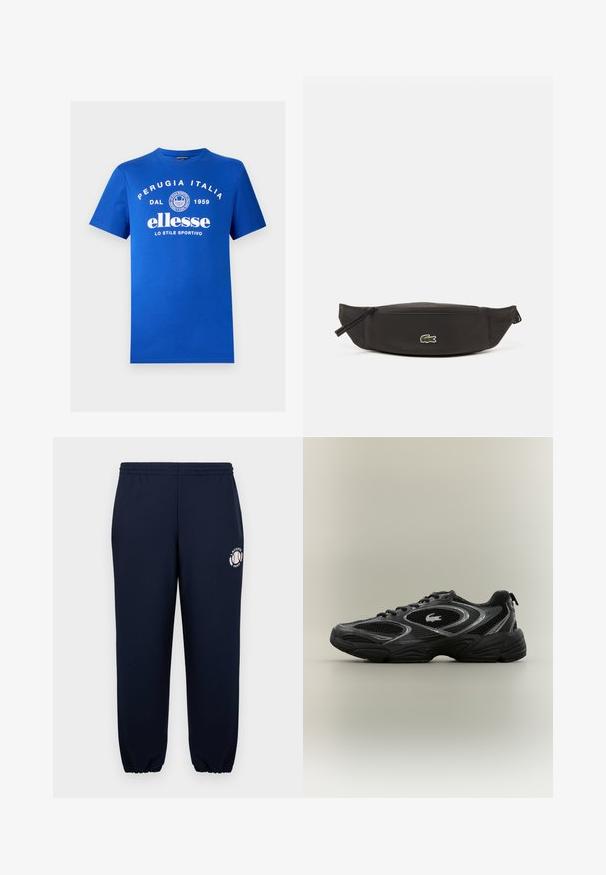 Μπλε βαμβακερό T-shirt με λευκό κείμενο που αναγράφει "ΠΕΡΟΥΤΖΙΑ ΙΤΑΛΙΑ", "ellesse" και ένα κυκλικό λογότυπο. Κανονική εφαρμογή, κοντά μανίκια, σχέδιο με στρογγυλή λαιμόκοψη.; Σκούρες μπλέ φόρμες από μαλακό βαμβάκι με ελαστικές μανσέτες και ζώνη μέσης. Διαθέτουν λευκό λογότυπο Lacoste Paris στο αριστερό πόδι.; Μαύρο και γκρι αθλητικό παπούτσι με διχτυωτές επιφάνειες, σχέδιο με κορδόνια, παχύ πάτο και μικρό λογότυπο κροκοδείλου στο πλάι.; Μαύρο νάιλον τσαντάκι μέσης με λεία υφή, κλείσιμο με φερμουάρ και μικρό πράσινο λογότυπο κροκοδείλου Lacoste μπροστά. Σχεδιασμένο για ελαφριά μεταφορά.