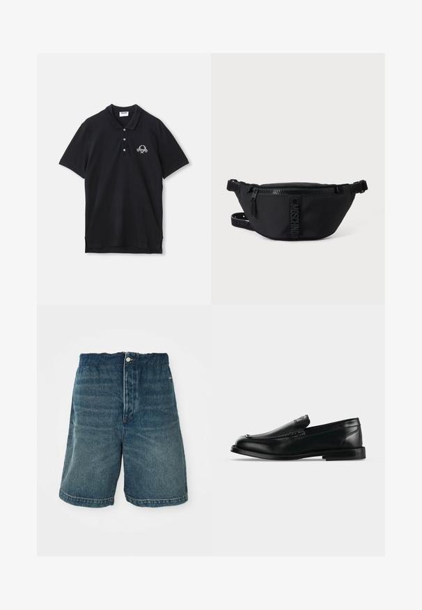 Polo shirt noir en coton, avec un col à trois boutons, des manches courtes et un logo décoratif brodé sur la poitrine.; Shorts en denim bleu foncé avec une coupe ample, dotés d'une fermeture à bouton et de coutures visibles le long de l'ourlet et des poches.; Mocassin en cuir noir avec un petit talon, un bout arrondi et des détails cousus le long du bord supérieur.; Sac banane noir Moschino avec fermeture éclair frontale et sangle ajustable sur un fond uni clair.