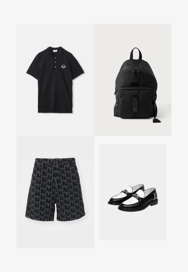 Polo shirt noir en coton, avec un col à trois boutons, des manches courtes et un logo décoratif brodé sur la poitrine.; Shorts flous noirs et gris avec un motif texturé évoquant la lettre "M". Ils possèdent une taille avec un bouton et des poches latérales.; Paire de mocassins en cuir noir et blanc avec un détail de chaîne dorée sur le dessus, sur un fond clair uni.; Sac à dos Moschino noir avec poignée supérieure, poche zippée à l'avant et logo visible sur la sangle de la poche avant, sur un fond clair uni.