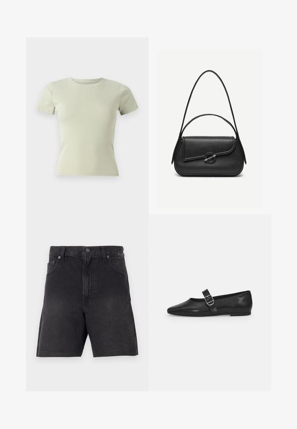 Heledad rohelise värviga lühikeste varrukatega T-särk, ümar kaelus, rõhutatult sobiv lõige, valmistatud ribafabriikist, ilma mustrite ja lisadeeta.; Mustadest denimist lühikesed püksid sirge lõikega, millel on nööbi sulgemine, esitaskud ja tekstuurne kangas. Minimalistlik disain, nähtavaid mustreid ei ole.; Must värvi nahast tasased kingad ümarate varvastega, ühe reguleeritava paelaga ja siledat, läikivat pinda. Minimalistlik disain madala kontsaga.; Mustast nahast käekott ümarate äärtega, asümmeetrilise kaanega, metallist ümar lukk ja nii lühikeste kui ka pikkade õlapaeltega.