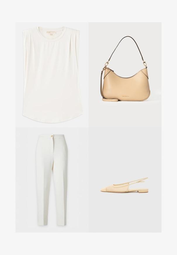 Top sans manches blanc en tissu lisse, avec un col rond et de légères plis aux épaules, et un ourlet incurvé.; Pantalon blanc sur mesure, coupe slim, taille haute, fermeture à boutons sur le devant et pli au centre de chaque jambe.; Chaussure plate slingback en beige clair avec une tige en maille, un bout pointu et un petit talon. Dotée d'une sangle ajustable pour un bon maintien.; Sac à bandoulière en cuir beige avec bandoulière détachable, ferrures dorées et ouverture zippée sur le dessus, affichant un logo subtil de la marque au centre devant.