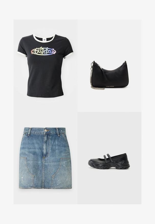 Čierne bavlnené tričko s bielym rebrovaným golierom a rukávmi. Obsahuje farebný, stylizovaný logotyp "Adidas" na prednej strane.; Džínová minisukňa s prednými gombíkmi, pútkami na opasok, zakrivenými prednými vreckami a ľahkými opotrebovanými detailmi na vreckách a leme.; Čierne kožené mary jane baleríny so žiadnymi dvoma nastaviteľnými remienkami, zaoblenou špičkou a textúrovanou gumovou podrážkou pre lepšiu priľnavosť.; Čierna syntetická kabelka s zakriveným tvarom, strieborným reťazovým popruhom, zipsovým uzáverom a embosovaným logom značky na prednej strane. Hladký povrch.