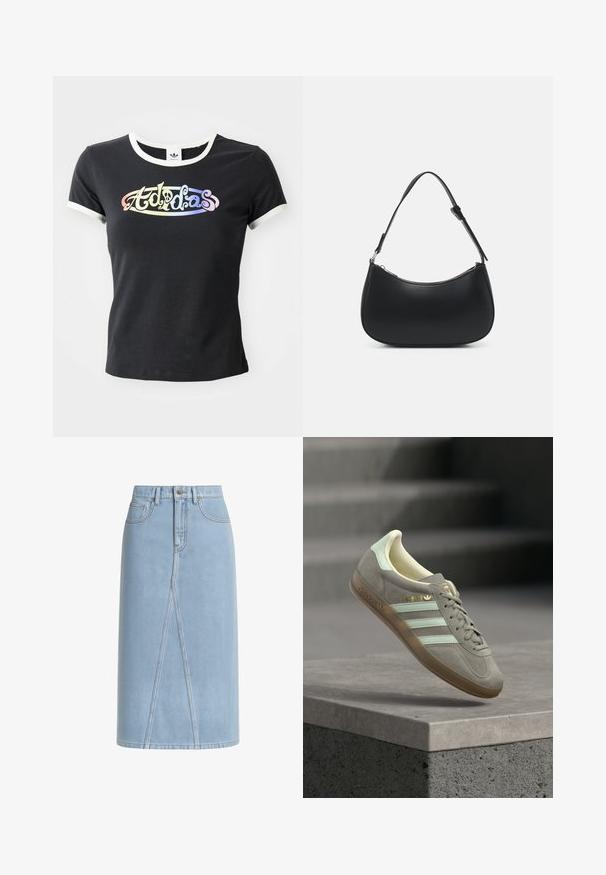 Schwarzes Baumwoll-T-Shirt mit weißem, geripptem Kragen und Ärmeln. Auf der Vorderseite befindet sich ein farbenfrohes, stilisiertes "Adidas"-Logo.; Hellblauer Jeans-Midirock mit gerader Silhouette, der über Vordernähte und einen metallischen Knopfverschluss verfügt. Glatte Textur und lässiges Design.; Grauer Wildleder-Sneaker mit mintgrünen Akzenten und drei Streifen. Goldene "Gazelle"-Branding, helles Innenfutter und Gummisohle in Karamellfarbe.; Pieces PCALUANA SHOULDER BAG - Handtasche - black