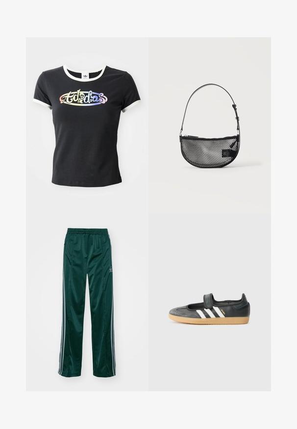 Sort bomulds T-shirt med hvid ribbet krave og ærmer. Har et farverigt, stiliseret "Adidas" logo på forsiden.; Mørkegrønne træningsbukser lavet af skinnende materiale, med sidelister i lys grå og et broderet logo på venstre ben.; Sort læder- og ruskinds sneakers med en Velcro-rem, der har tre hvide striber og en gummisål, mærket "SAMBA" på siden.; Sort mesh halvmåne håndtaske med en kort justerbar læderrem og lynlåslukning på en ensartet lys baggrund.