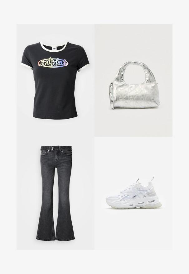 Čierne bavlnené tričko s bielym rebrovaným golierom a rukávmi. Obsahuje farebný, stylizovaný logotyp "Adidas" na prednej strane.; Čierne rozšírené džínsy z denimu s vysokým pásom, piatimi vreckami a prešitým lemom. Dekoratívne logo na zadnom páse.; Biele tenisky s masívnou podrážkou, vrstveným sieťovinovým a syntetickým zvrškom, s vzorovanými akcentmi, systémom šnurovania a poutkom.; Strieborná kabelka s textúrovaným vzorom geometrických tvarov a kruhov, s zaoblenou rukoväťou a odnímateľným popruhom.