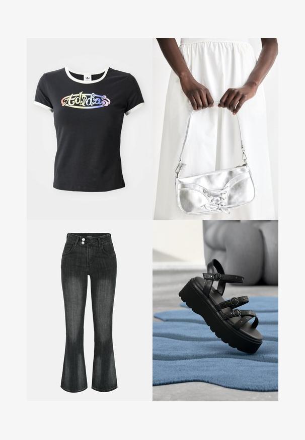 Mustat puuvillapaidassa on valkoinen ribbaus kaula-aukossa ja hihoissa. Edessä on värikäs, tyylitelty "Adidas" -logo.; Musta pesty farkku, jossa on korkea vyötärö, kaksinkertainen nappisuljenta, etutaskut ja hieman liehkuvat lahkeet.; Musta korollinen sandaali, jossa on kolme säädettävää solkisremmiä, asetettuna teksturoidulle siniselle matolle, tausta sumeana.; Hopeakäyttöinen käsilaukku, jossa on nauhakiinnitys, elegantti muotoilu ja lyhyt hihna. Laukkua pidetään käsissä, esittäen sen pintarakennetta.