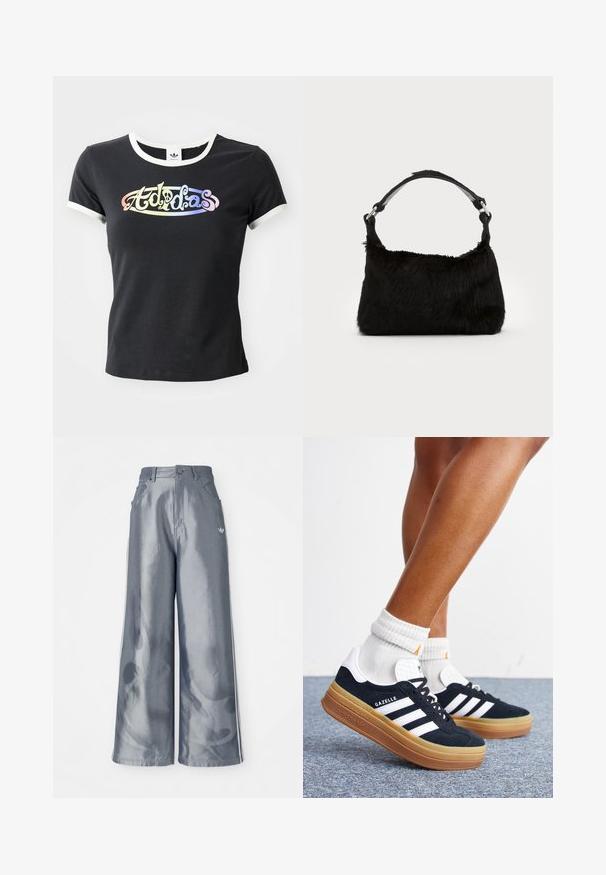Schwarzes Baumwoll-T-Shirt mit weißem, geripptem Kragen und Ärmeln. Auf der Vorderseite befindet sich ein farbenfrohes, stilisiertes "Adidas"-Logo.; Weite Hose aus glänzendem grauem Material, ausgestattet mit weißen seitlichen Streifen und einem Flammenmuster an den Unterschenkeln. Knopf- und Reißverschlussverschluss an der Taille.; Beine mit weißen Socken und schwarzen Adidas Gazelle Sneakers mit weißen Streifen und dicken braunen Sohlen auf einem grauen Teppichboden.; Schwarze Kunstfell-Handtasche mit weicher Textur, runder Form und einem stabilen schwarzen Leder-Schulterriemen. Sichtbare silberne Hardware-Akzente.