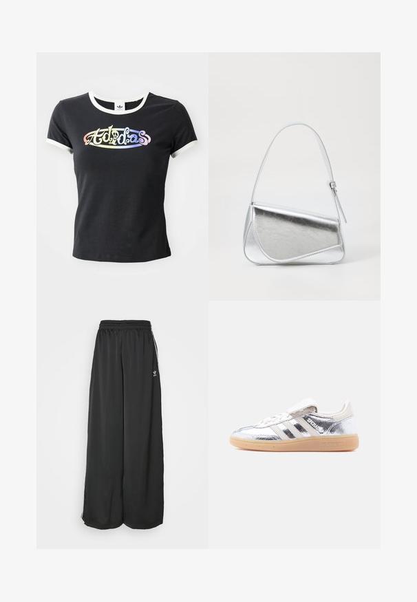 Mustat puuvillapaidassa on valkoinen ribbaus kaula-aukossa ja hihoissa. Edessä on värikäs, tyylitelty "Adidas" -logo.; Musta löysästi istuva urheiluhaalari, joka on valmistettu sileästä kankaasta. Sisältää joustavan vyötärön ja sivuilla nauhoja, joissa on logo-yksityiskohtia.; Hopeanvärinen metallinen Adidas Spezial -lenkkari, jossa valkoiset raidat ja kuminauhakuvio, nähtynä vasemmalta puolelta valkoisella taustalla.; Hopeakiloinen käsilaukku, jonka muoto on kolmiomainen, pinta sileä ja ohut, säädettävä olkahihna. Sisältää taitettavan suunnittelun, jossa on ompelu.