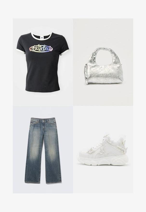 Camiseta de algodón negra con cuello y mangas de canalé blancas. Presenta un logotipo "Adidas" colorido y estilizado en la parte frontal.; Vaqueros de pierna ancha de color azul claro hechos de mezclilla. Zonas desgastadas en los muslos y las rodillas. Cintura estándar con cinco bolsillos y detalles metálicos.; Zapatilla blanca gruesa con suela gruesa y detalles decorativos de mariposas 3D en el lateral, los cordones y el talón.; Bolso plateado con un patrón texturizado de formas geométricas y círculos, que cuenta con un asa redondeada y una correa desmontable.