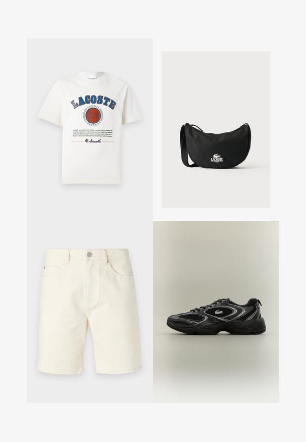 Λευκό βαμβακερό t-shirt με μπλε και κόκκινα γραφικά κείμενα, εικονογραφήσεις και λογότυπο μπροστά, με στρογγυλή λαιμόκοψη και κοντά μανίκια.; Απαλά μπεζ τζιν σορτς με κλασική γραμμή, διαθέτοντας μπροστινές τσέπες, βρόχους για ζώνη και κλείσιμο με κουμπί. Λείος υλικό με σταθερό χρώμα.; Μαύρο και γκρι αθλητικό παπούτσι με διχτυωτές επιφάνειες, σχέδιο με κορδόνια, παχύ πάτο και μικρό λογότυπο κροκοδείλου στο πλάι.; Μαύρη τσάντα ώμου Lacoste με καμπυλωτό σχήμα, ρυθμιζόμενο ιμάντα και λευκό ανάγλυφο λογότυπο κροκόδειλου πάνω από το όνομα της μάρκας στο μπροστινό μέρος.
